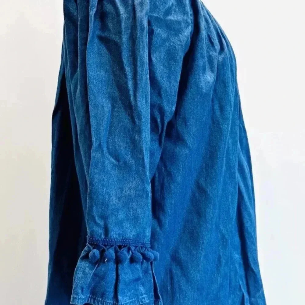 Women 3/4 Sleeve Pull Over Off the Shoulder Pom-Pom Blue Tunic Shirt Size Large - Picture 8 of 11